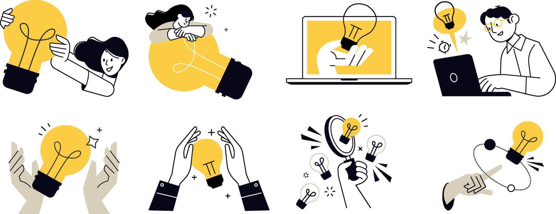 Set of illustrations of big idea, startup, creative and business idea, tips, brainstorming, project development, innovative solutions, social media and marketing. vector