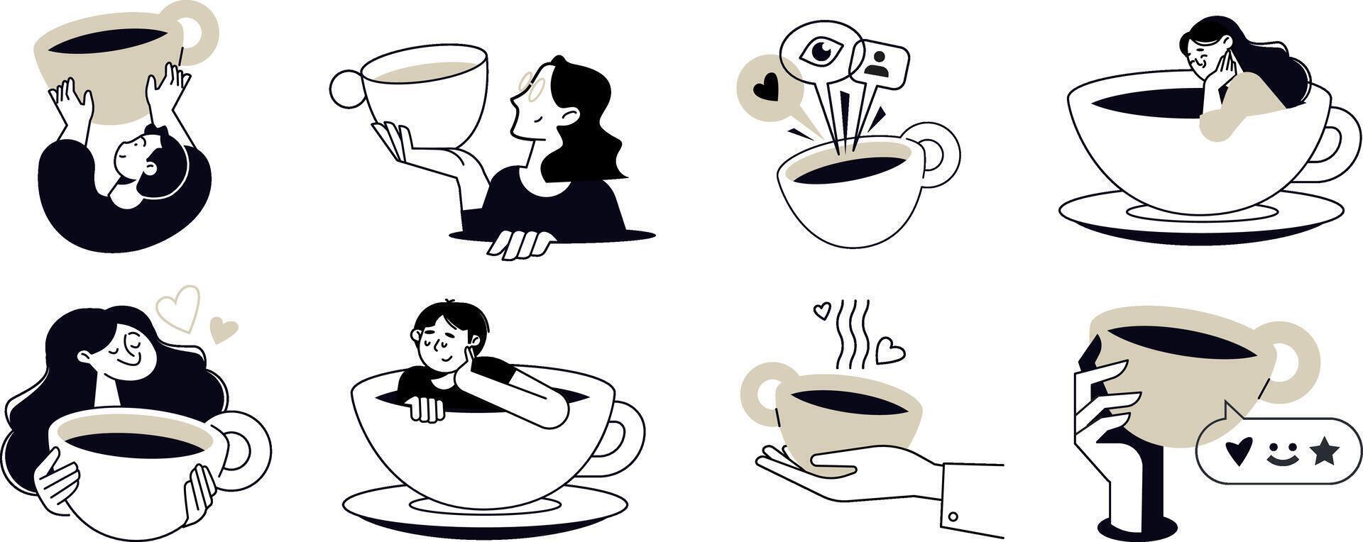 illustrations of people enjoying free time, drinking coffee, daily routine, invitation to hang out, for social media stickers and posts, marketing, restaurants and coffee bars. vector