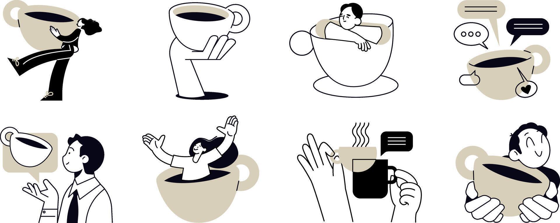 Take a break. illustrations of people enjoying free time, drinking coffee, daily routine, invitation to hang out, for social media stickers and posts, marketing, restaurants and coffee bars. vector