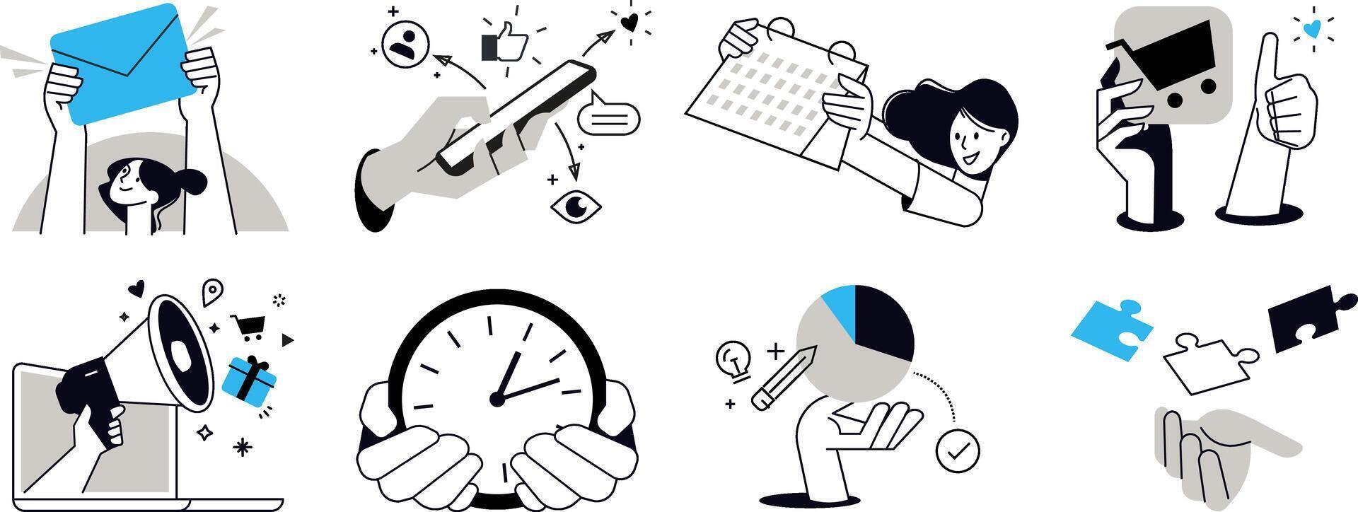 Marketing. Set of people illustrations in various activities of online marketing, social media, networking, internet advertising, promotion, e-commerce. vector