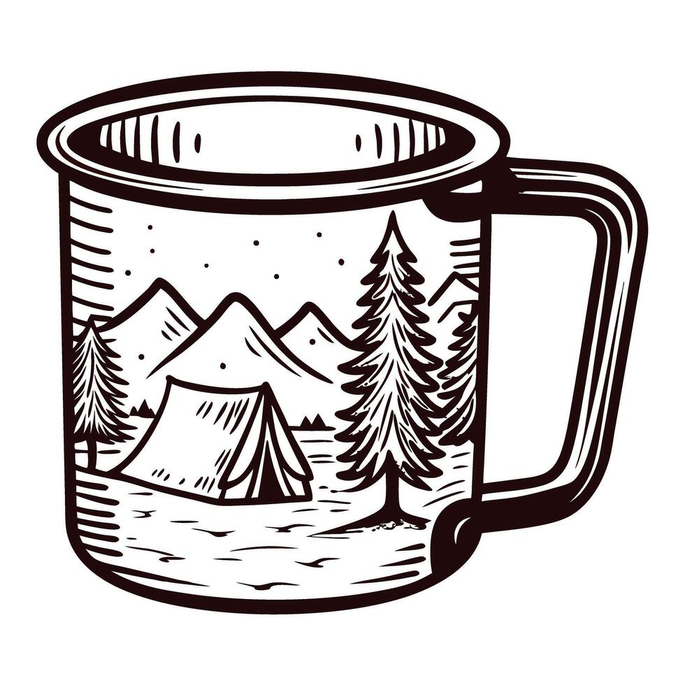 Camping themed metal mug with mountain and forest in black and white vector