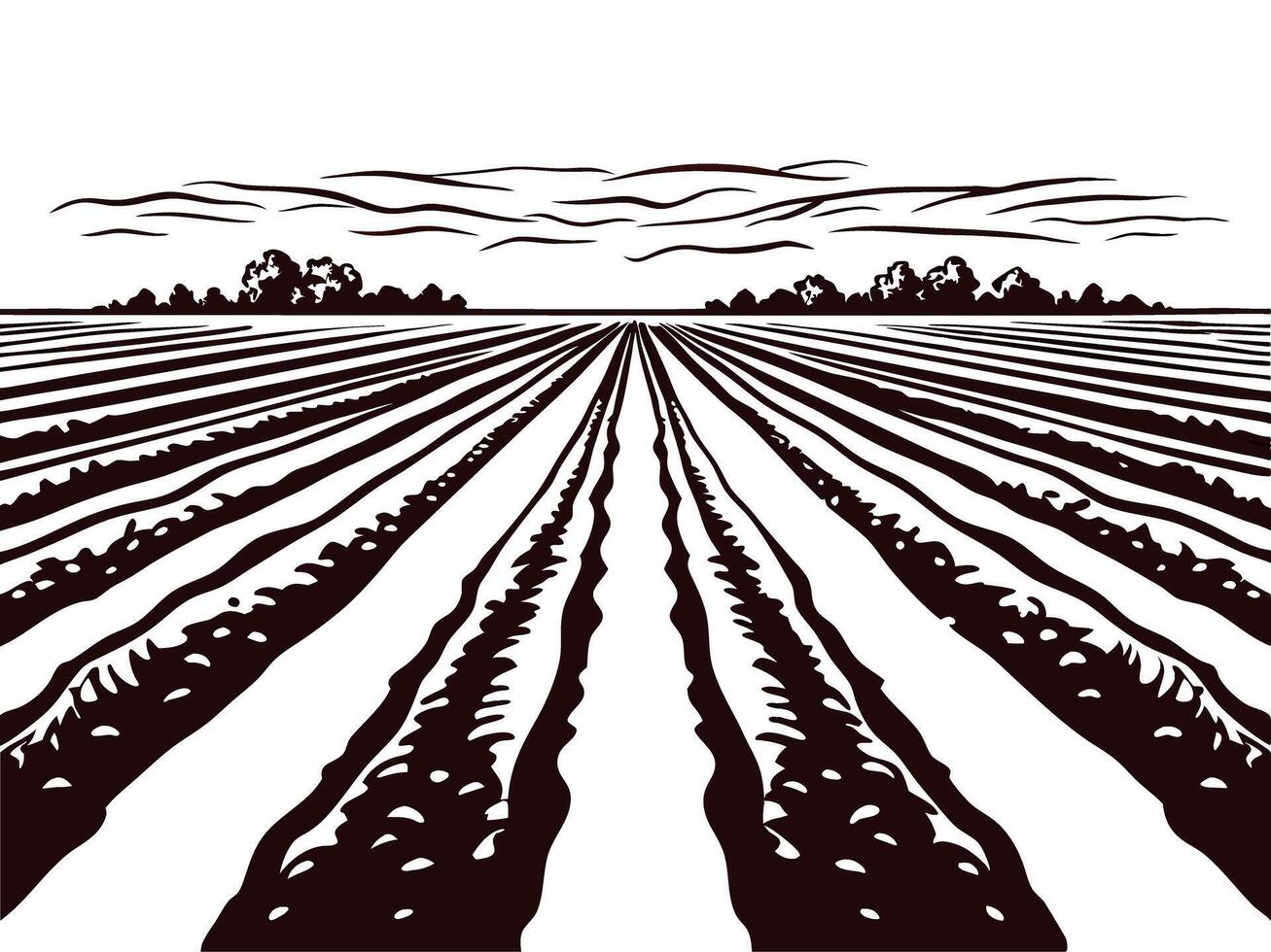Expansive farmland with plowed rows under cloudy sky at sunset vector