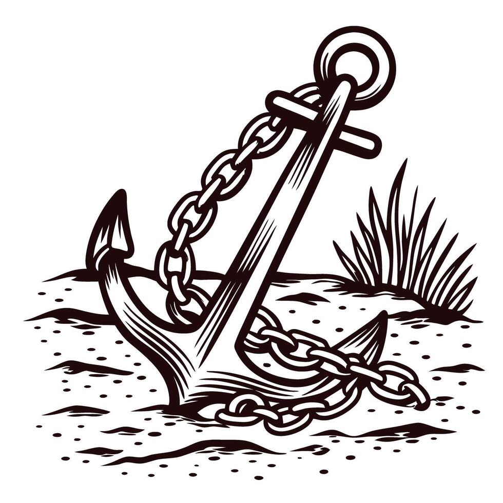Vintage anchor on sandy seafloor with seaweed vector