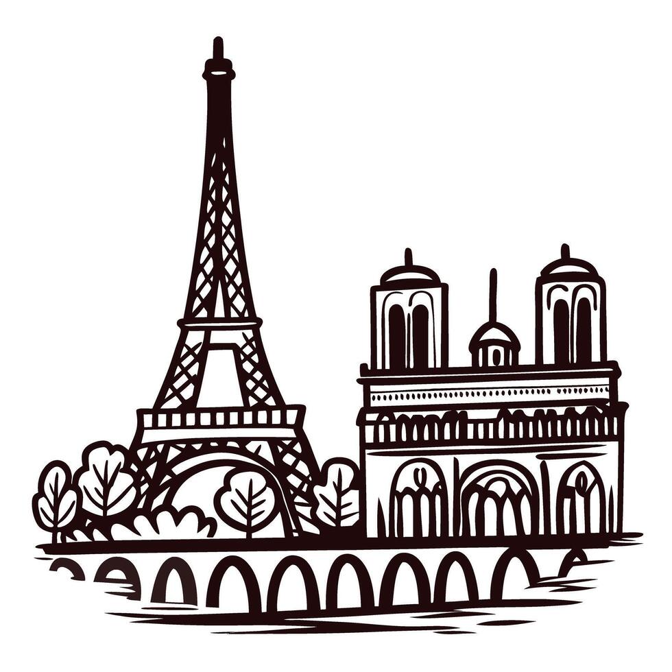 Iconic paris landmarks eiffel tower and notre dame sketch with trees and river vector