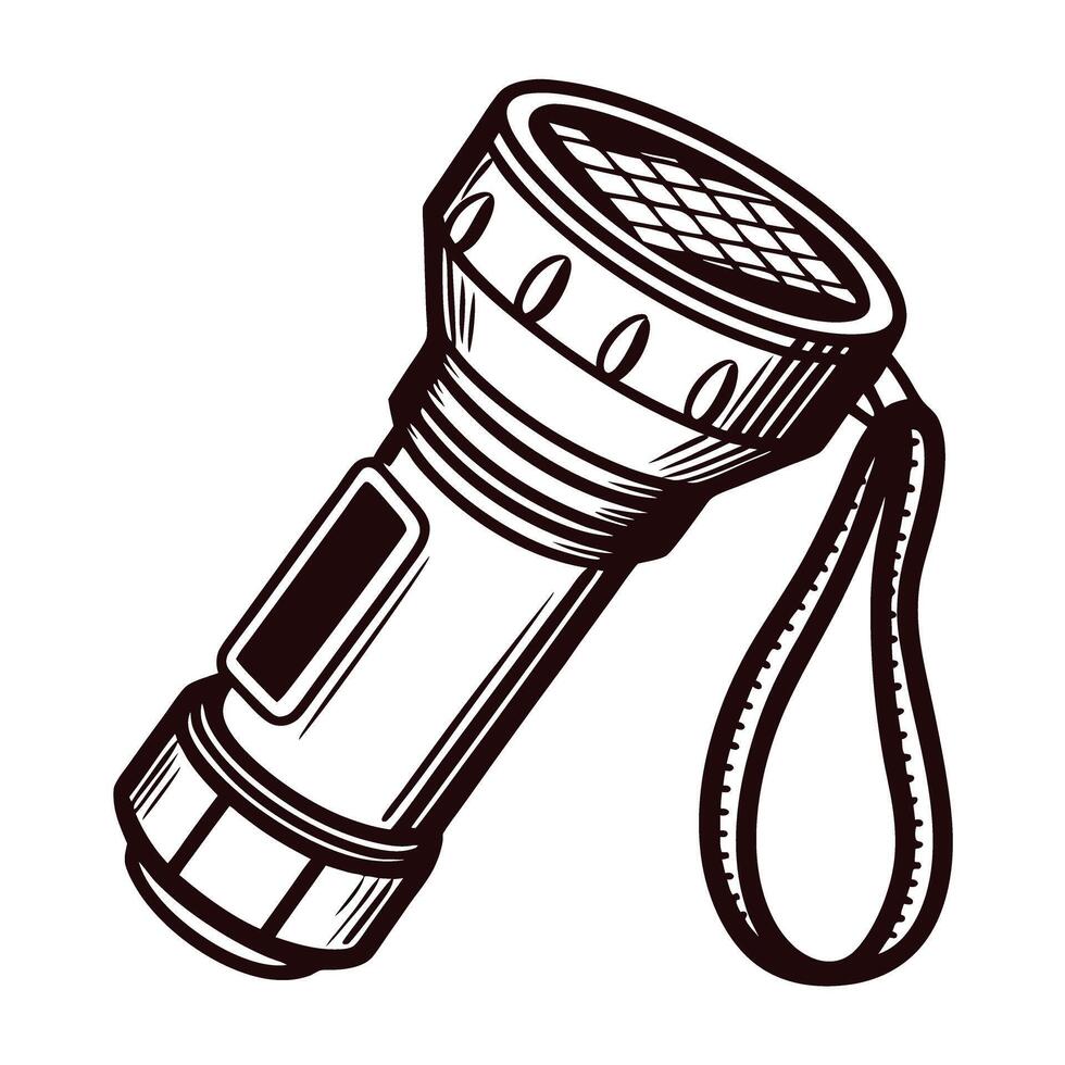 Vintage flashlight with strap handle in detailed black and white sketch vector