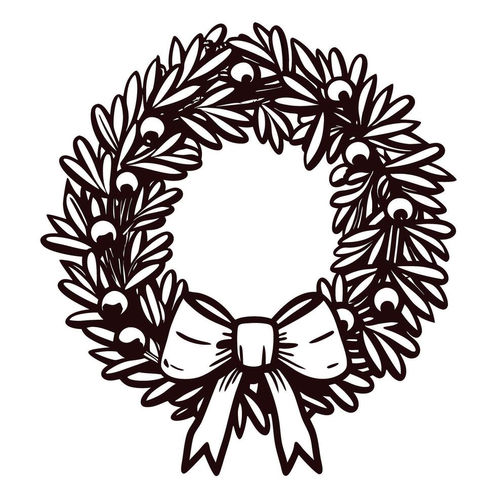 Festive wreath with bow and berries in black and white line art design vector