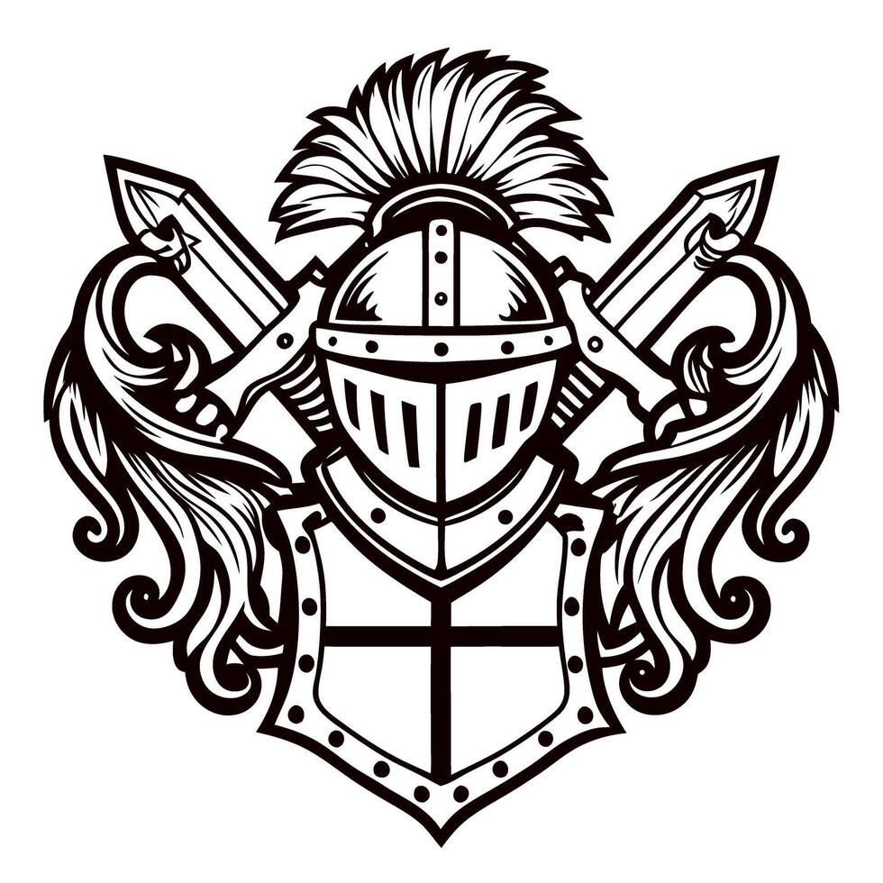 Medieval knight emblem with helmet, shields, and swords in black and white design vector