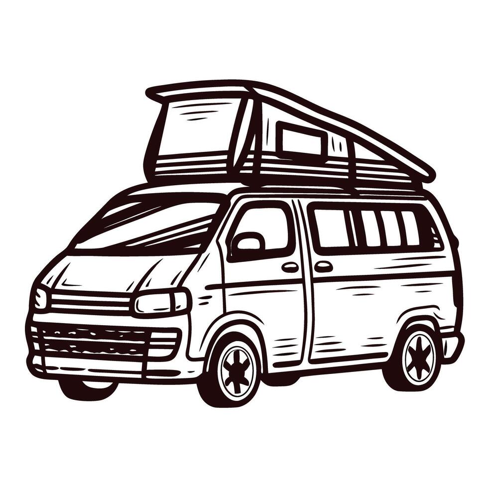 Vintage camper van line art with roof pop top illustrating retro travel adventure vector