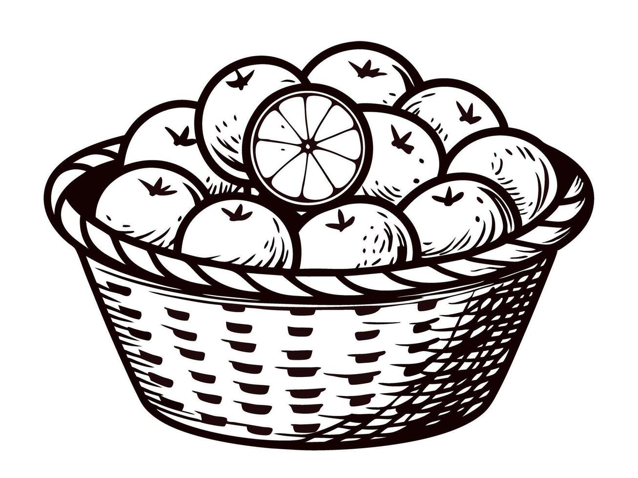 Basket of oranges in detailed black and white line art vector