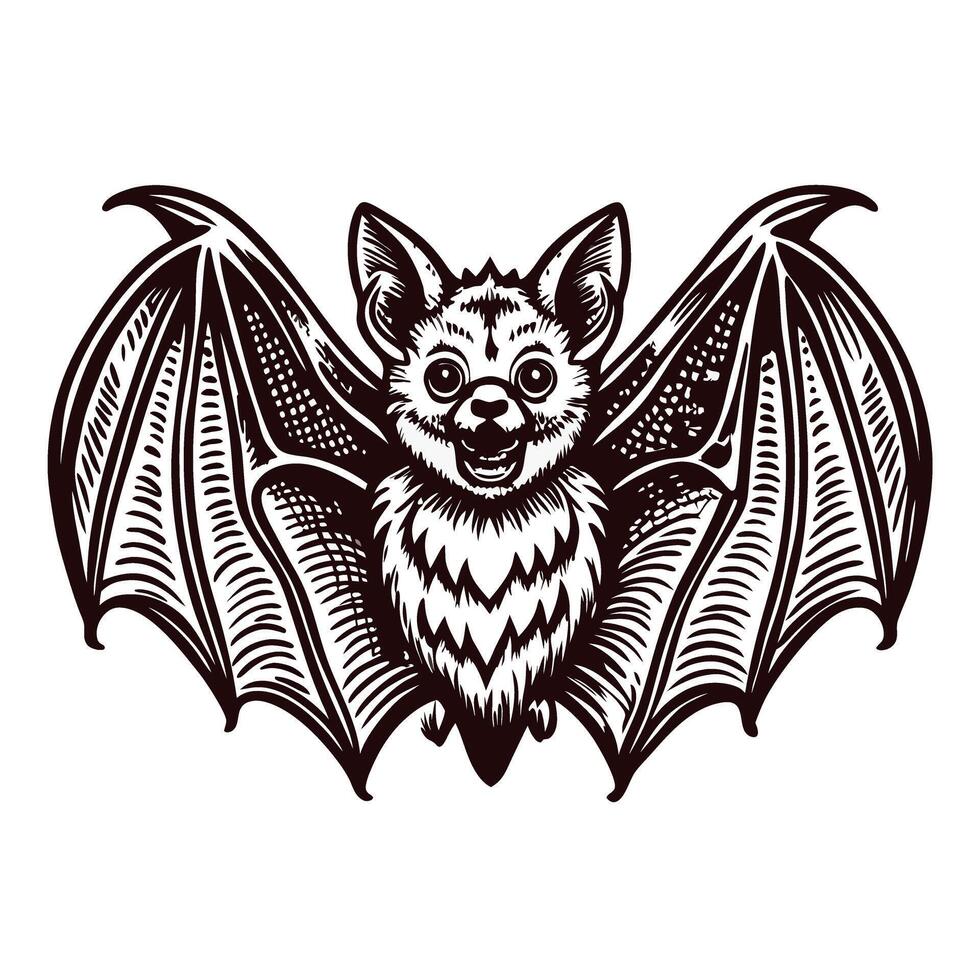 Detailed black and white of a smiling bat with outstretched wings vector