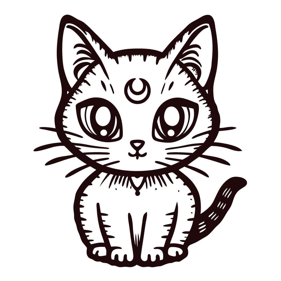 Cute cat with a crescent moon on forehead in black and white line art design vector