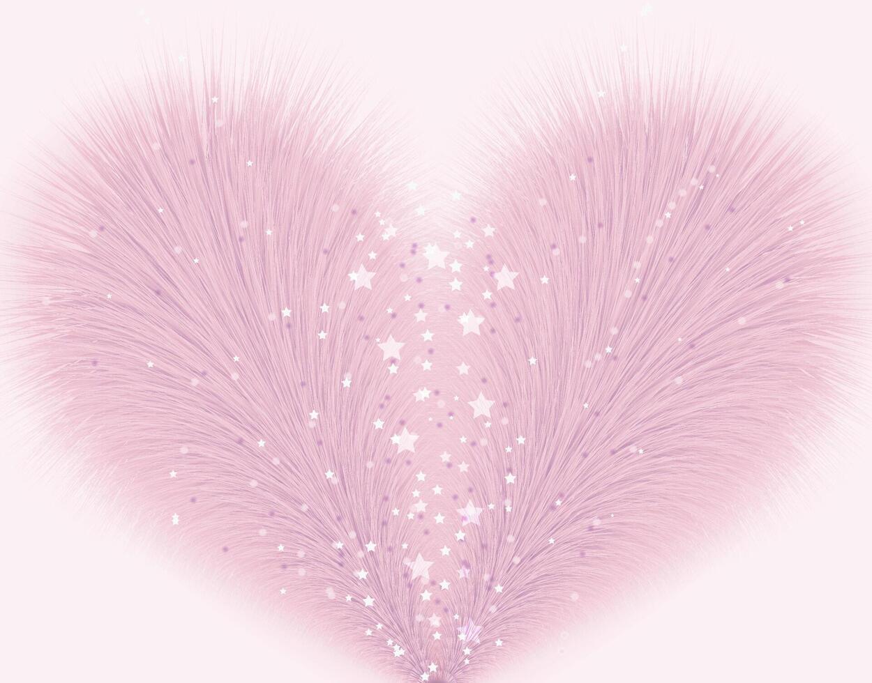 A furry pink heart, fluffy love shape with stars, sprinkle and feathers on a white background vector