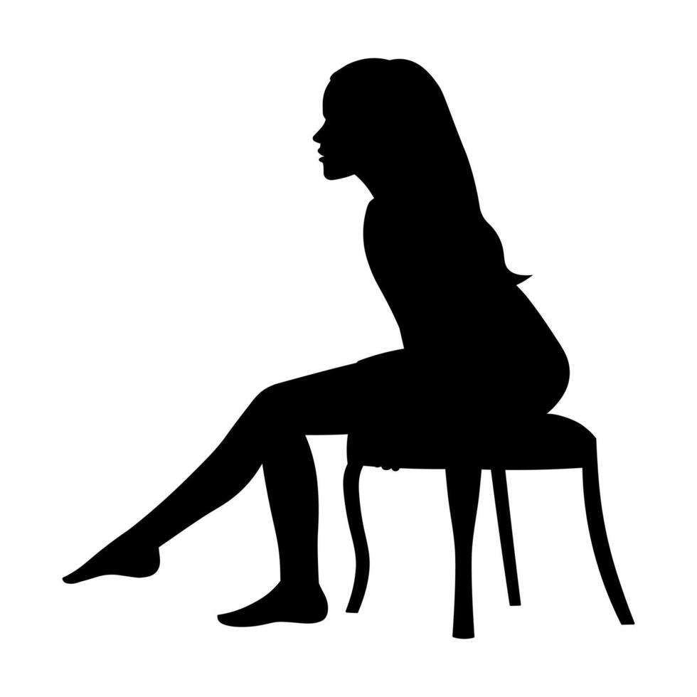 Silhouette of little girl sitting on stool leaning forward, black figure vector