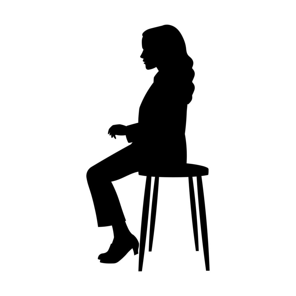 Silhouette profile of a little girl on a stool, black figure vector