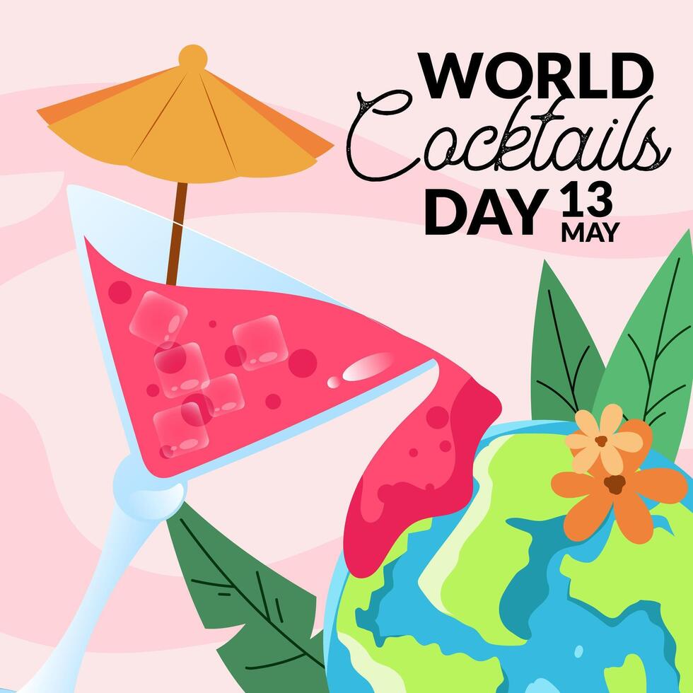 World Cocktail Day Celebration illustration. Colorful cocktails and world globe design element. Important day Cocktail Glasses, Party Icons, T-Shirts, Stickers, Posters, Print Cards, Animated asset vector