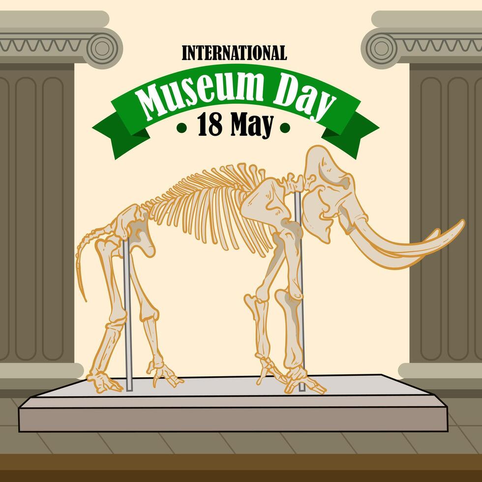 International Museum Day Global Culture Heritage Celebration Design Day Poster 18 May Ancient animal skeletons in museum collection for T-Shirts, Stickers, Posters, Print Cards, Animated asset vector