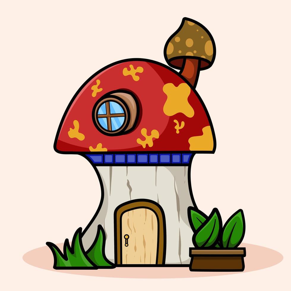 Cute kawaii Fairy Mushroom House cartoon of fantasy landscape with cute tale or game home for little inhabitants for coloring pages, tshirt vector