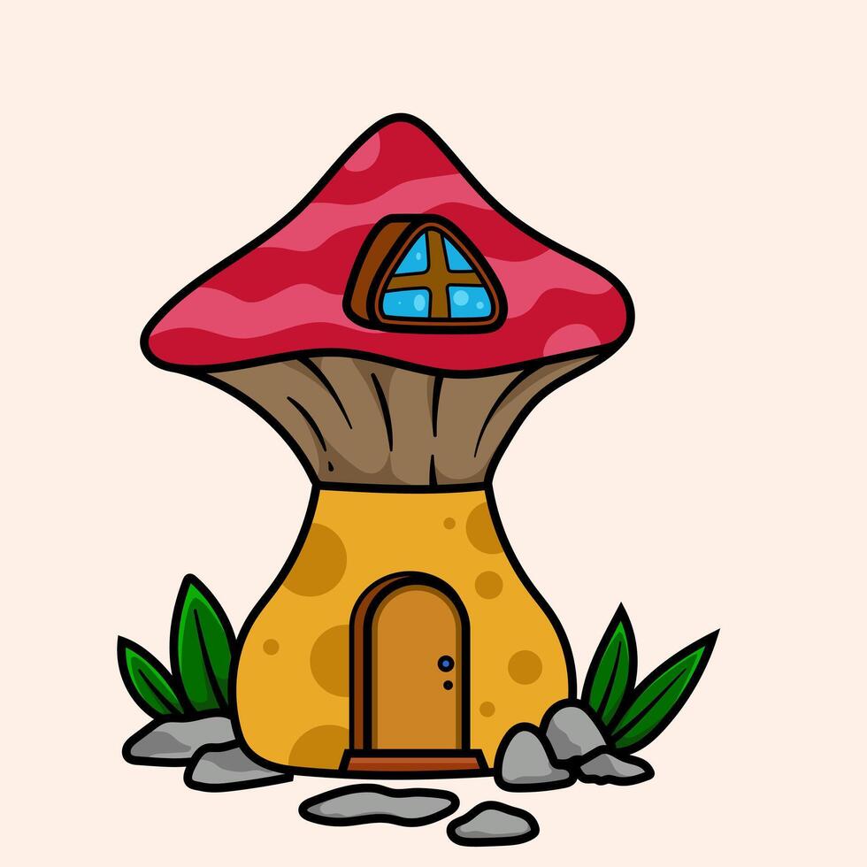 Cute kawaii Fairy Mushroom House cartoon of fantasy landscape with cute tale or game home for little inhabitants for coloring pages vector