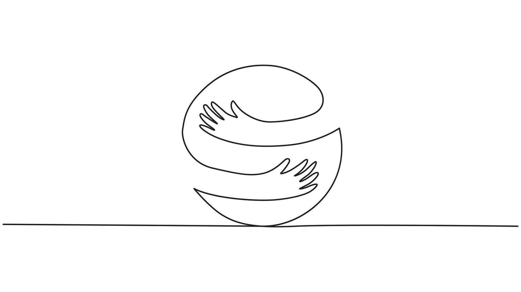 continuous One line drawing of hands embracing a sphere, symbolizing global unity. vector