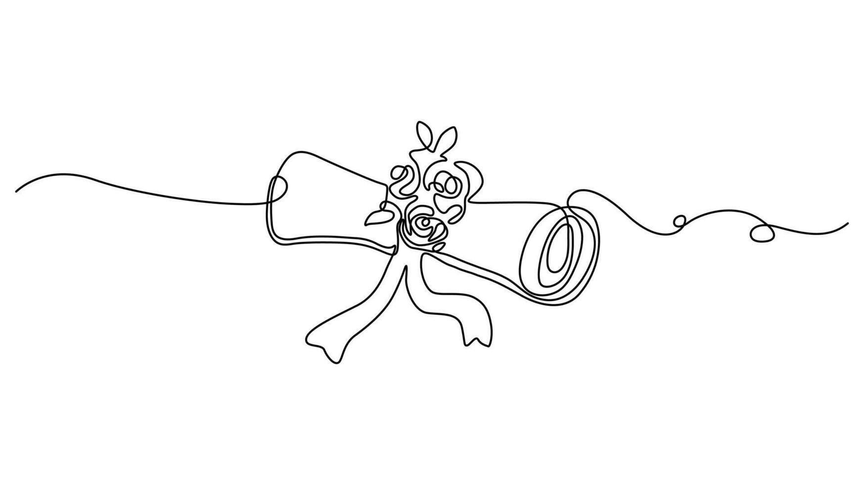 continuous one line drawing of a diploma with ribbon and floral decorations. vector