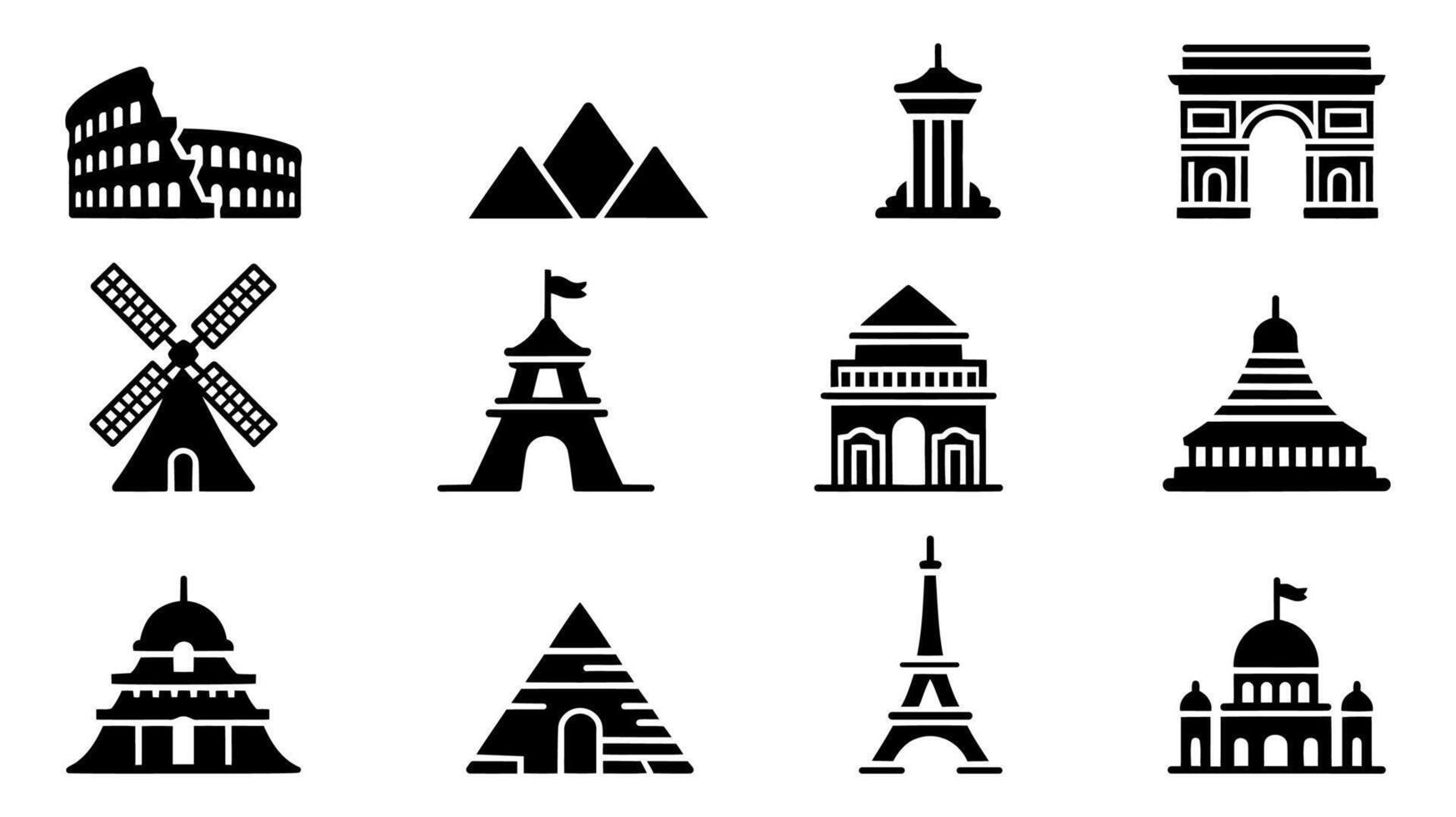 Collection of Iconic World Landmarks in Minimalist Silhouette Vectors Style
