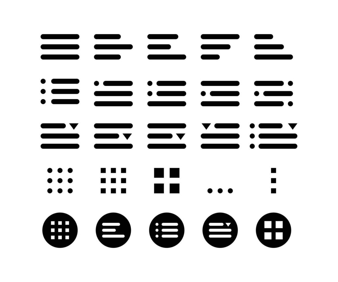 Editable Menu Button Icons Set. Black UI Elements Including Hamburger Icons, Dots, Grid, List, Dropdown, Navigation Symbols for App Interface, Web Design, Mobile UI, Minimal Flat Style vector