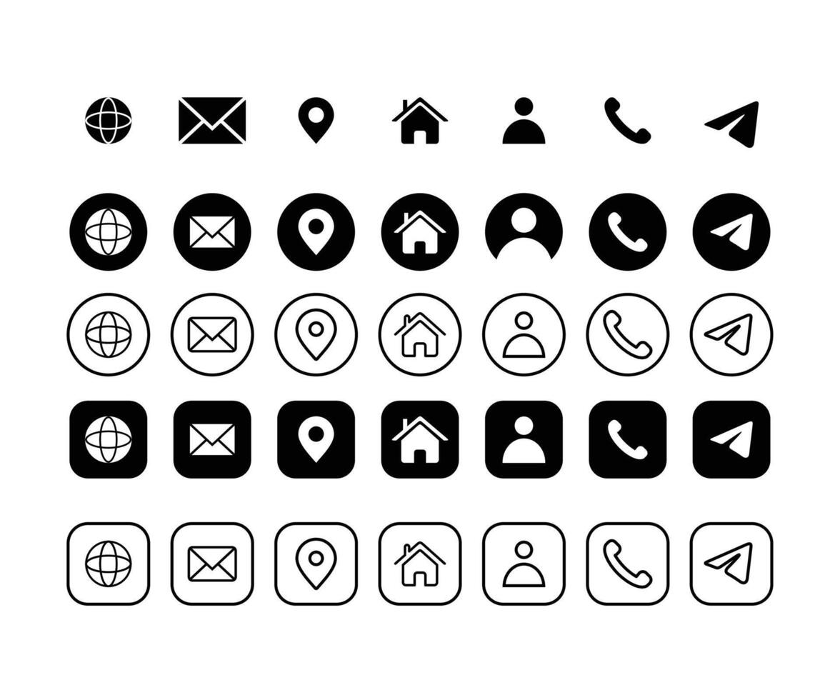 Minimalist contact and profile icons set. Includes globe, email, location, home, user, phone, and send symbols in various styles. Perfect for UI, web, and app design. vector