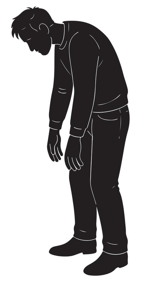 Illustration of a sad man with depression in black and white silhouette looking down with poor posture vector