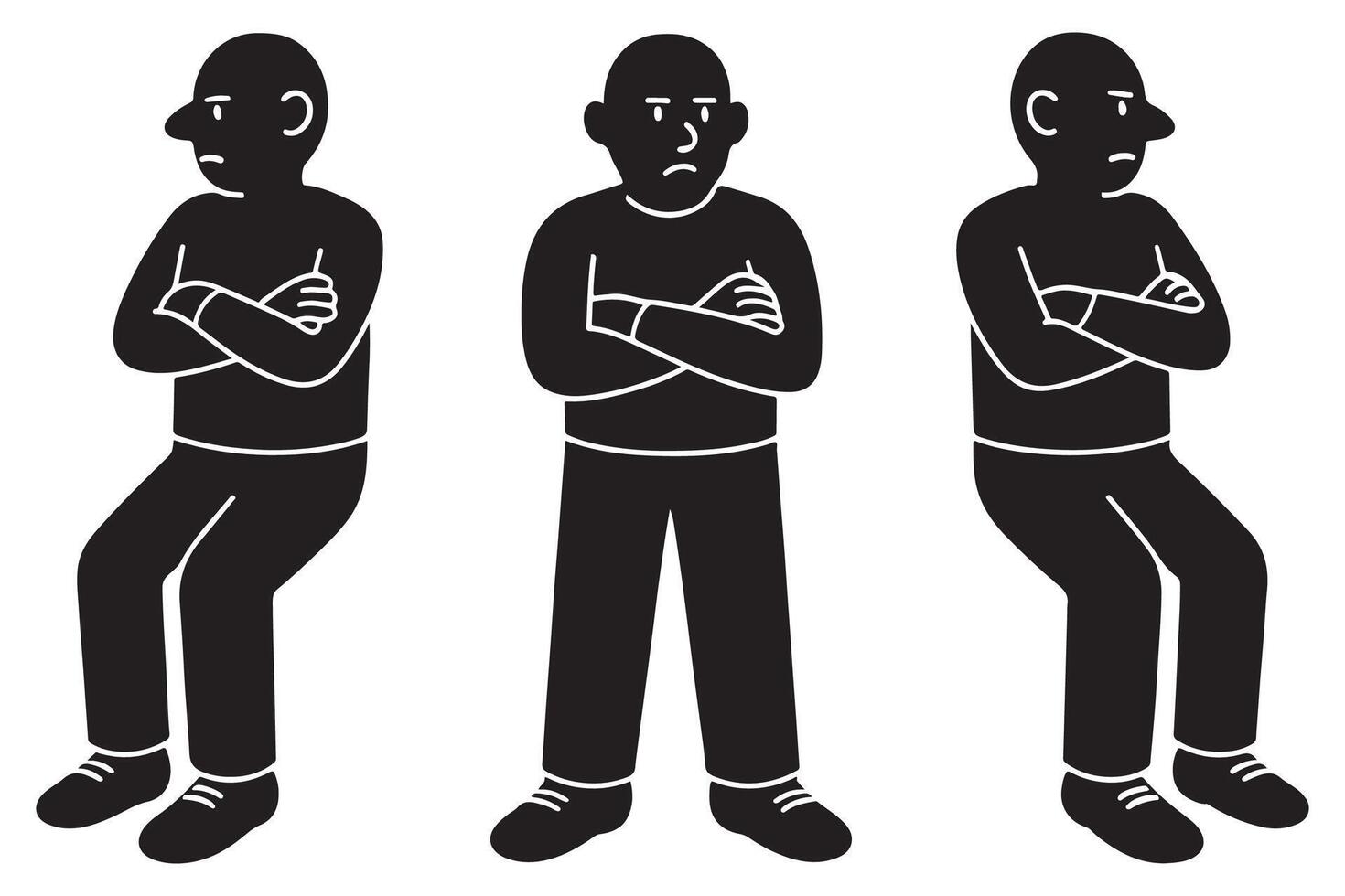 Silhouette of a man with arms crossed tightly and head turned to the side, showing defiance vector