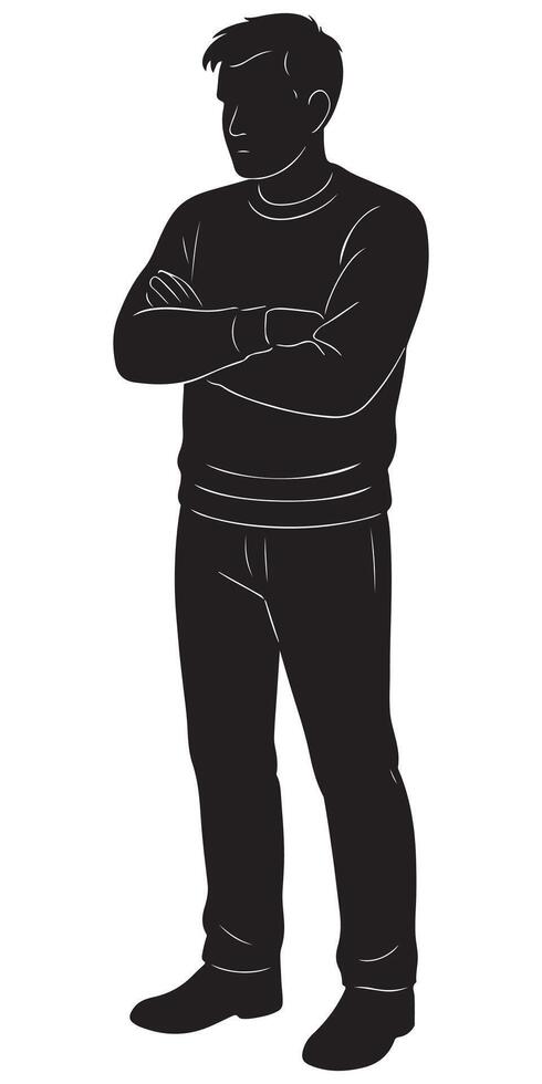 Silhouette of man standing with arms crossed illustration in black and white casual wear style vector