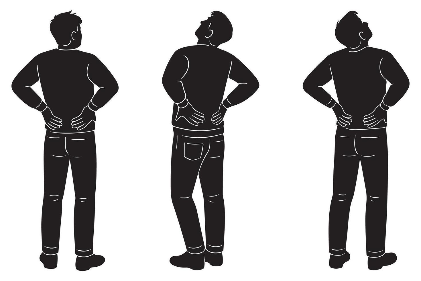 Silhouette of a man standing with both hands resting on his lower back vector
