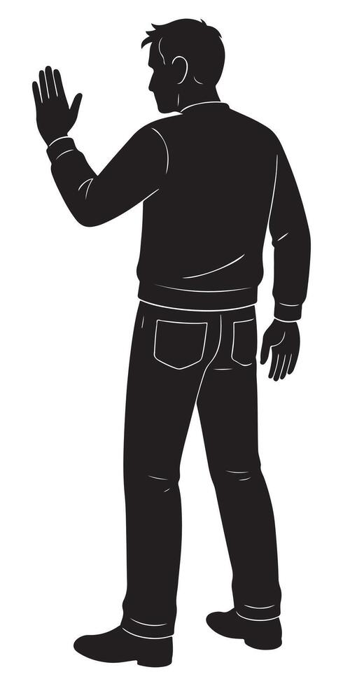 Man silhouette waving hand illustration in black and white casual attire digital art design asset vector