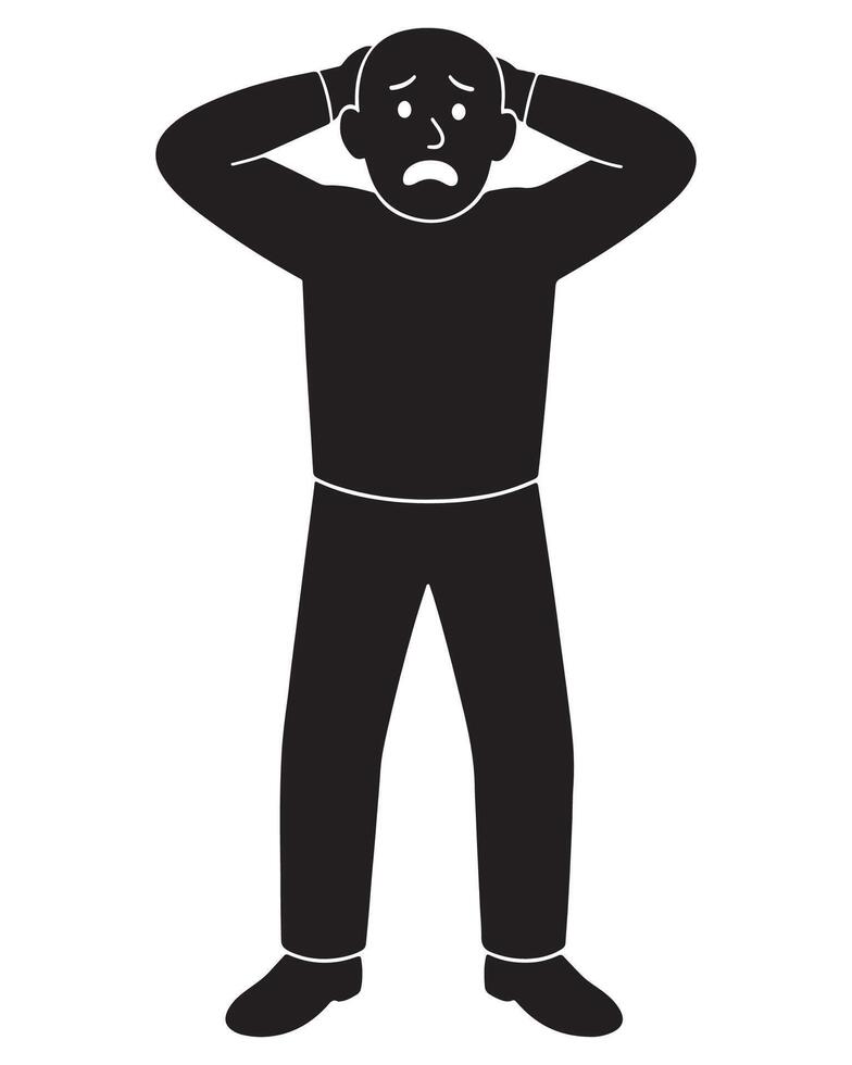 Stressed man holding head illustration, anxiety and panic attack, mental health, black and white drawing silhouette vector