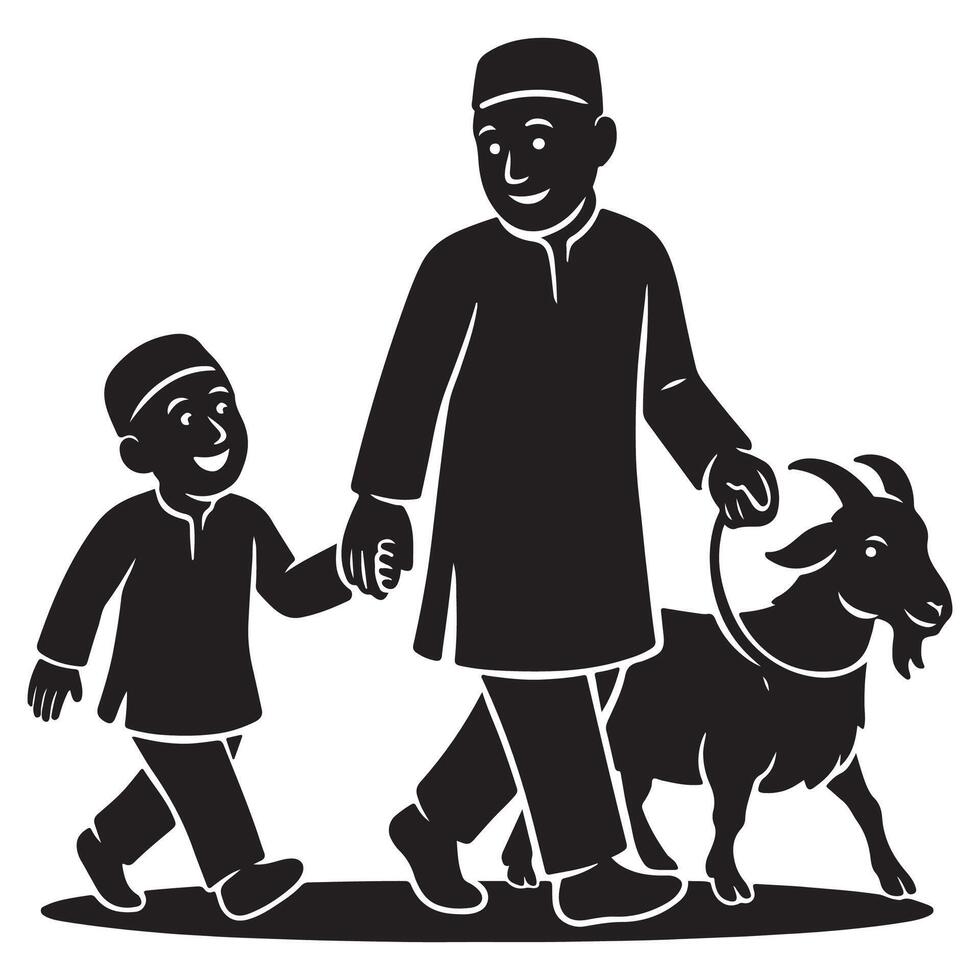 Eid al adha celebration with muslim family father son and goat illustration for islamic holiday design silhouette vector