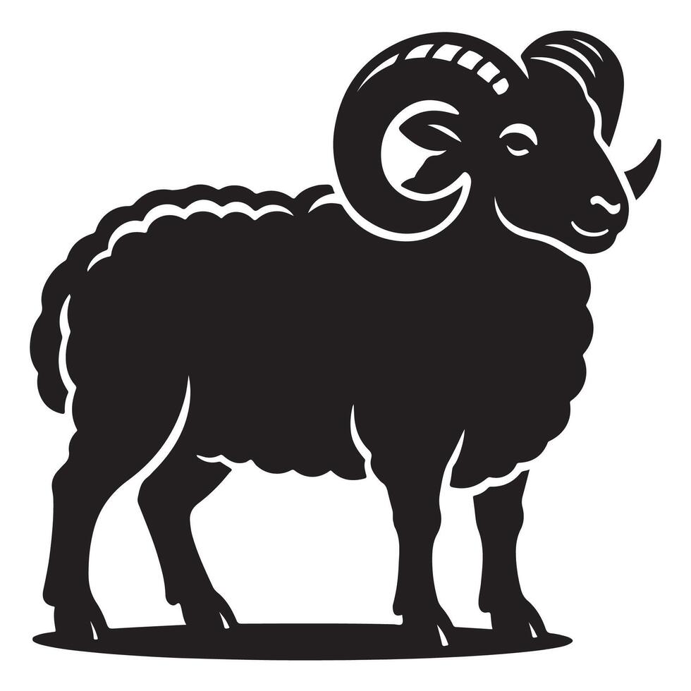 Isolated black ram illustration, farm animal with horns, sheep drawing, livestock design element graphic silhouette vector