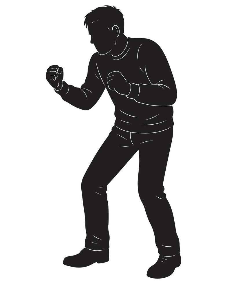 Man silhouette in fighting stance ready to punch illustration black and white art design vector