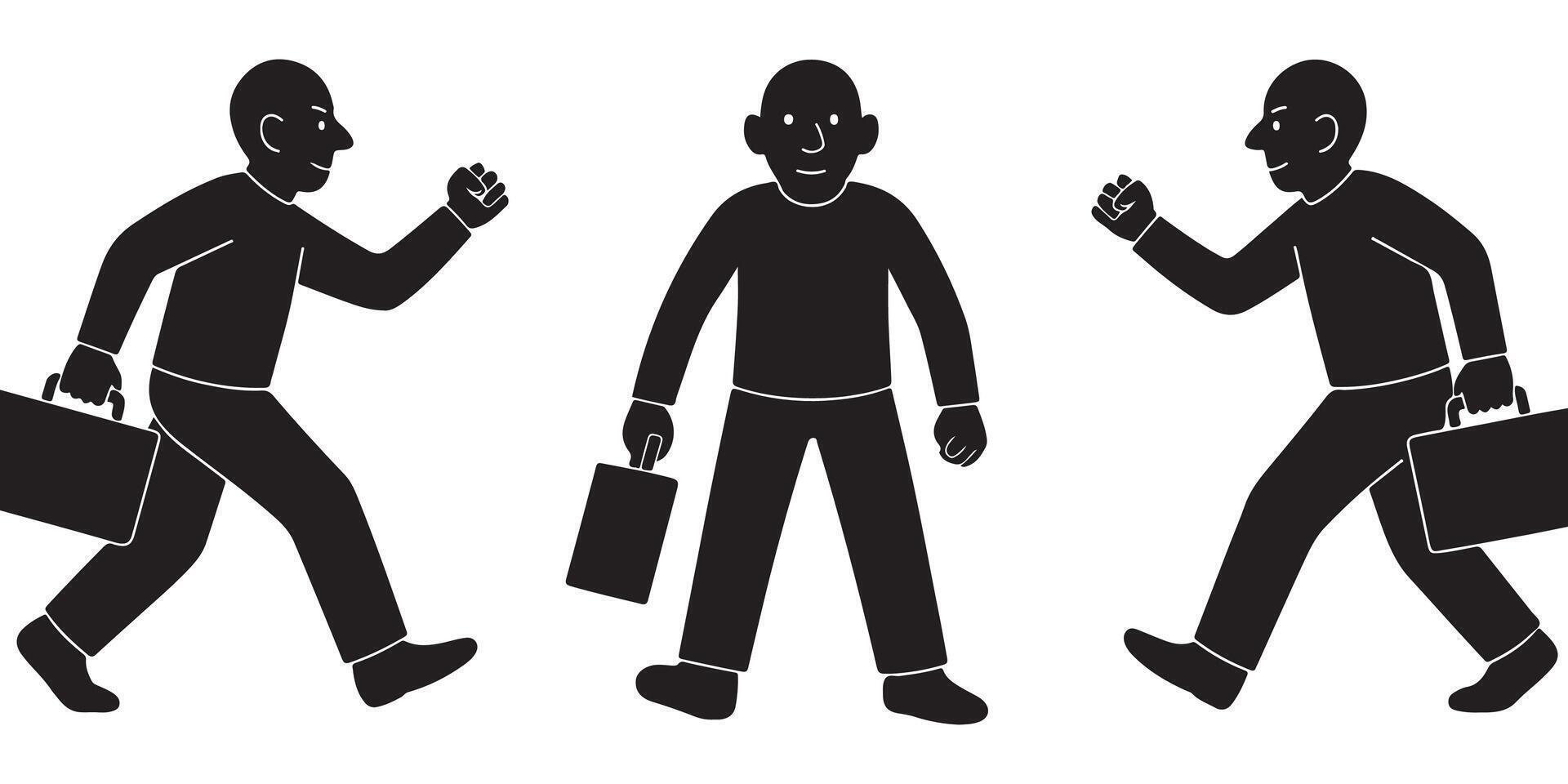 Business people commuters rushing to work with briefcases in black and white simple illustration design silhouette vector