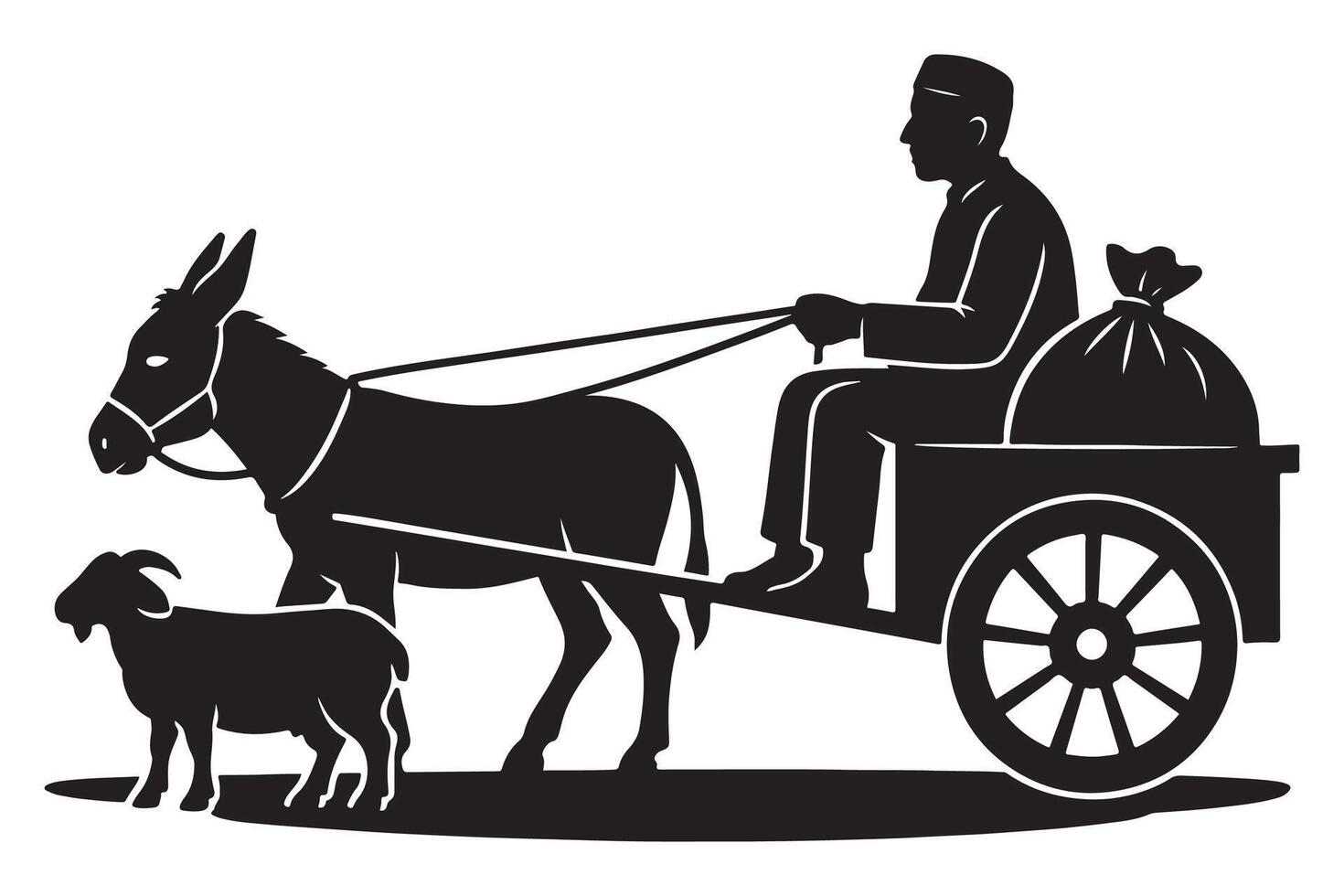 Black and white silhouette of man riding donkey cart with goat illustration for design and decoration vector