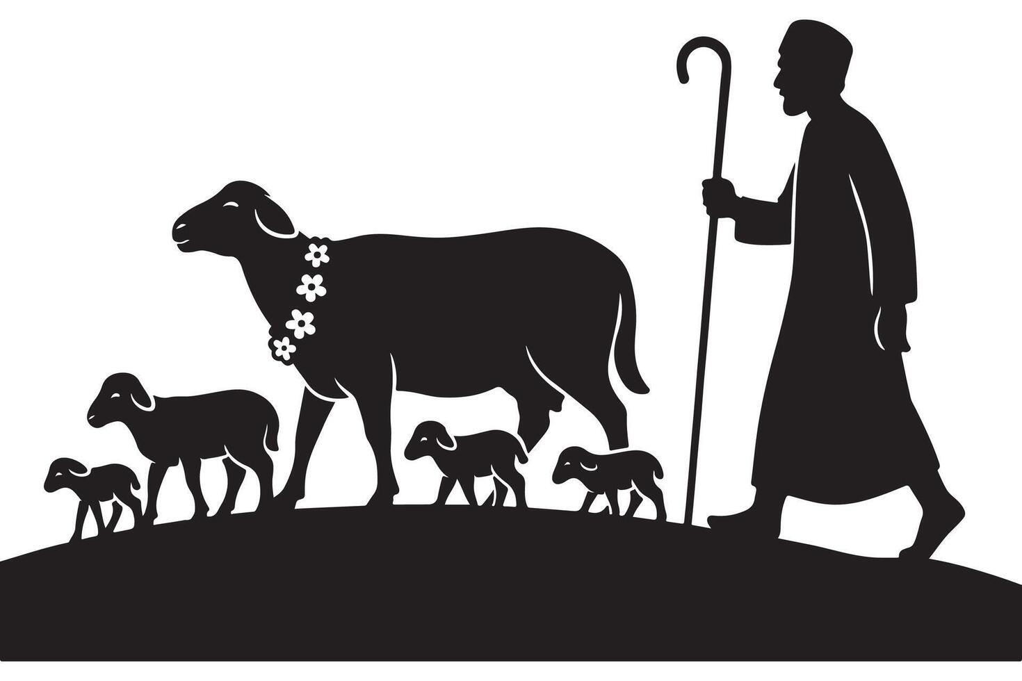 Shepherd with sheep illustration black and white clip art for religious themes and graphic design use silhouette vector