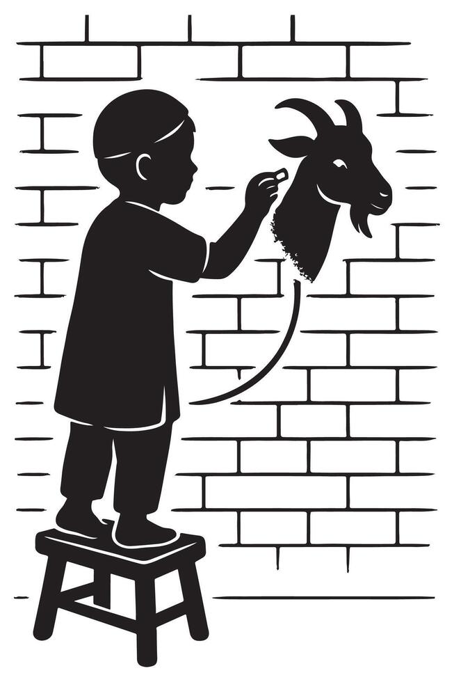 Illustration of child drawing goat on brick wall using chalk art for creative design projects silhouette, eid mubarak, eid ul adha vector