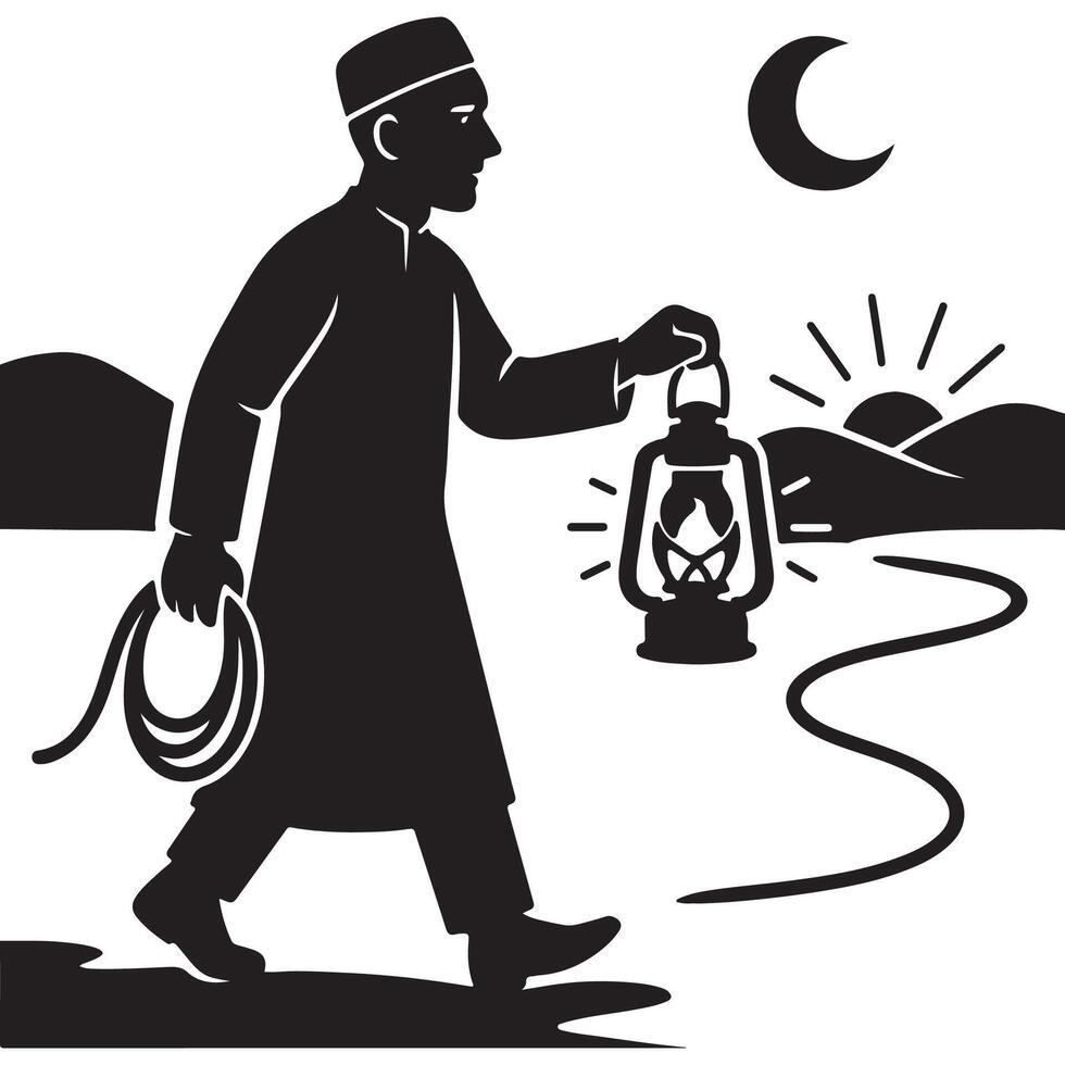 Man walking at night with lantern illustration for ramadan kareem and eid mubarak celebrations silhouette vector