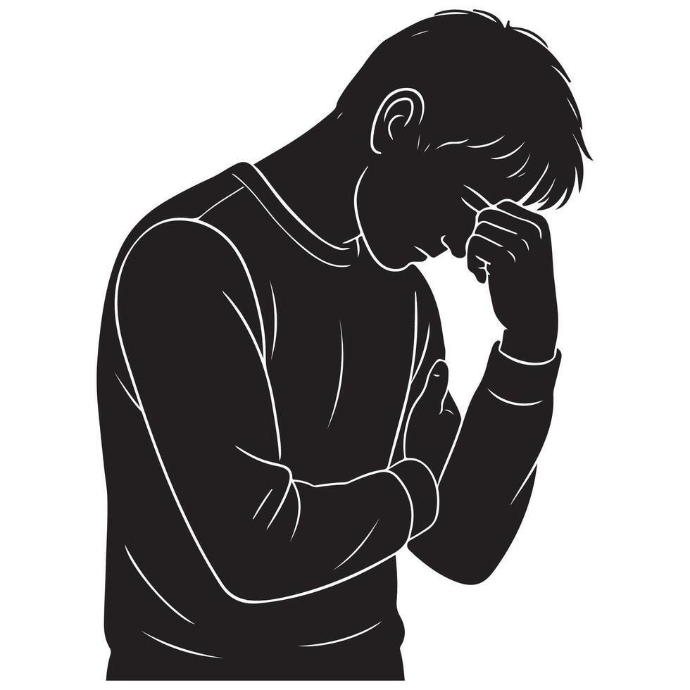 Illustration of a sad man feeling stressed and depressed with a headache in black and white outline silhouette vector
