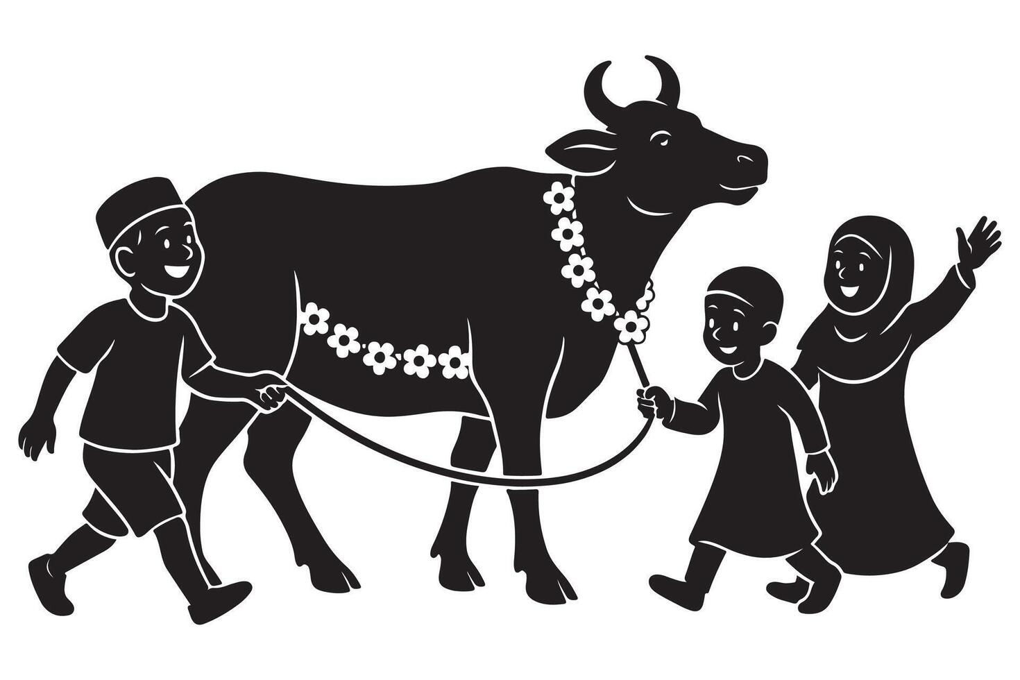 Eid al adha celebration with cow and kids illustration for islamic holiday design and greeting card silhouette vector