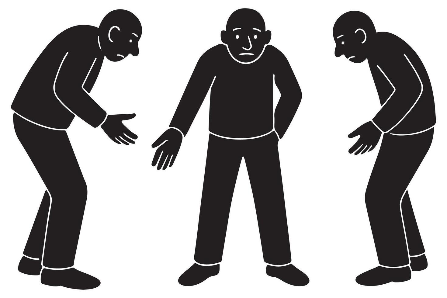Three figures illustration depicting sadness and loss in a minimal black and white style artwork design silhouette vector