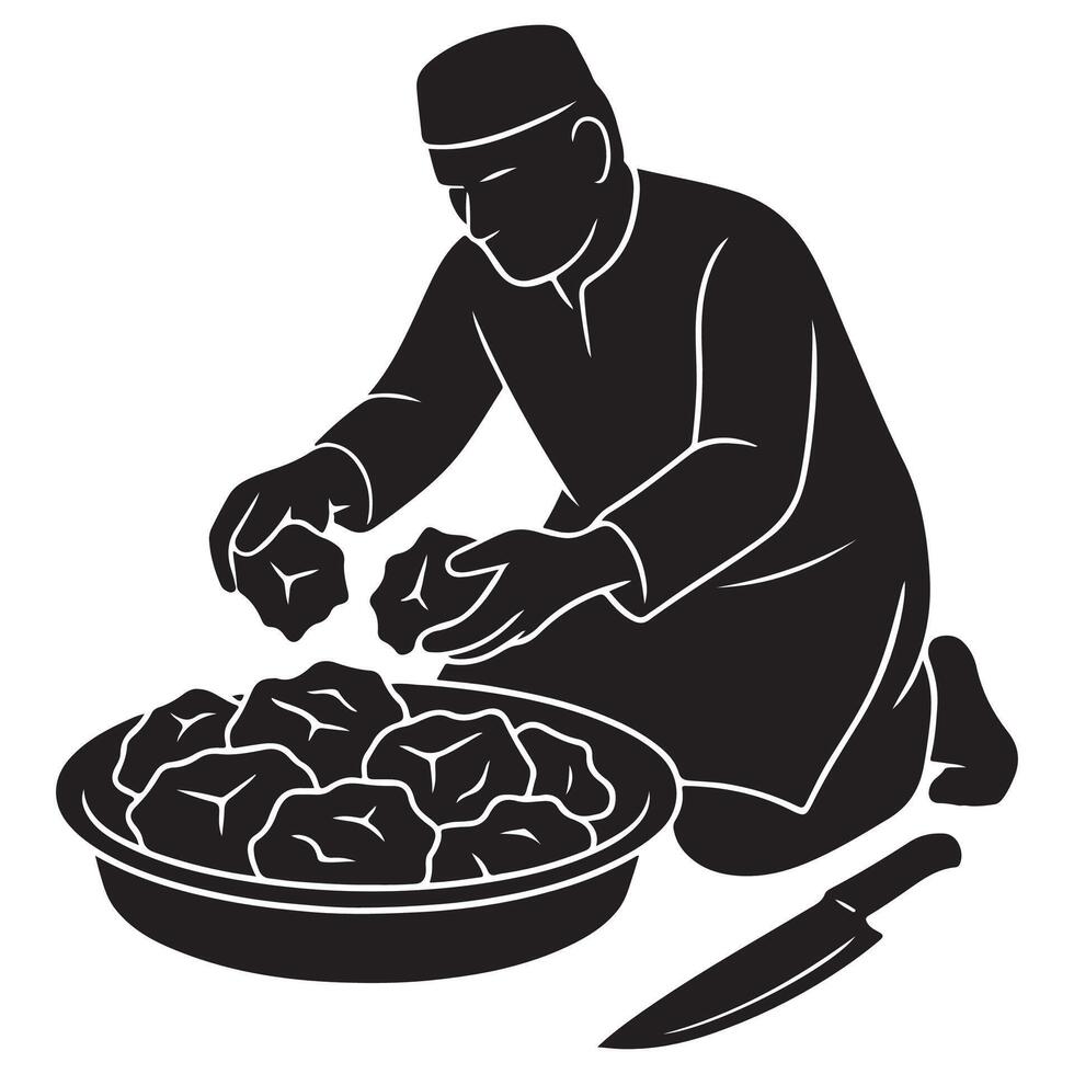 Man Preparing Food in a Bowl with a Knife vector