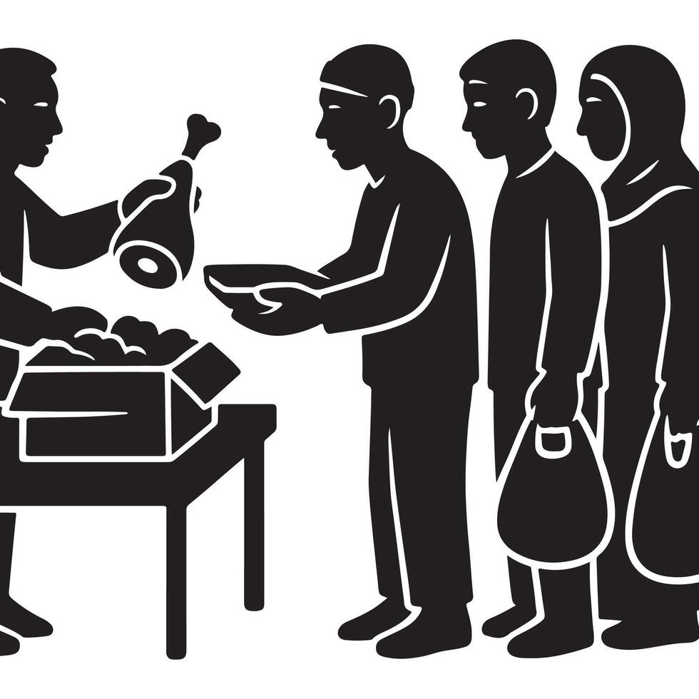 Food distribution event illustration showing people receiving food donations and support from volunteers silhouette vector