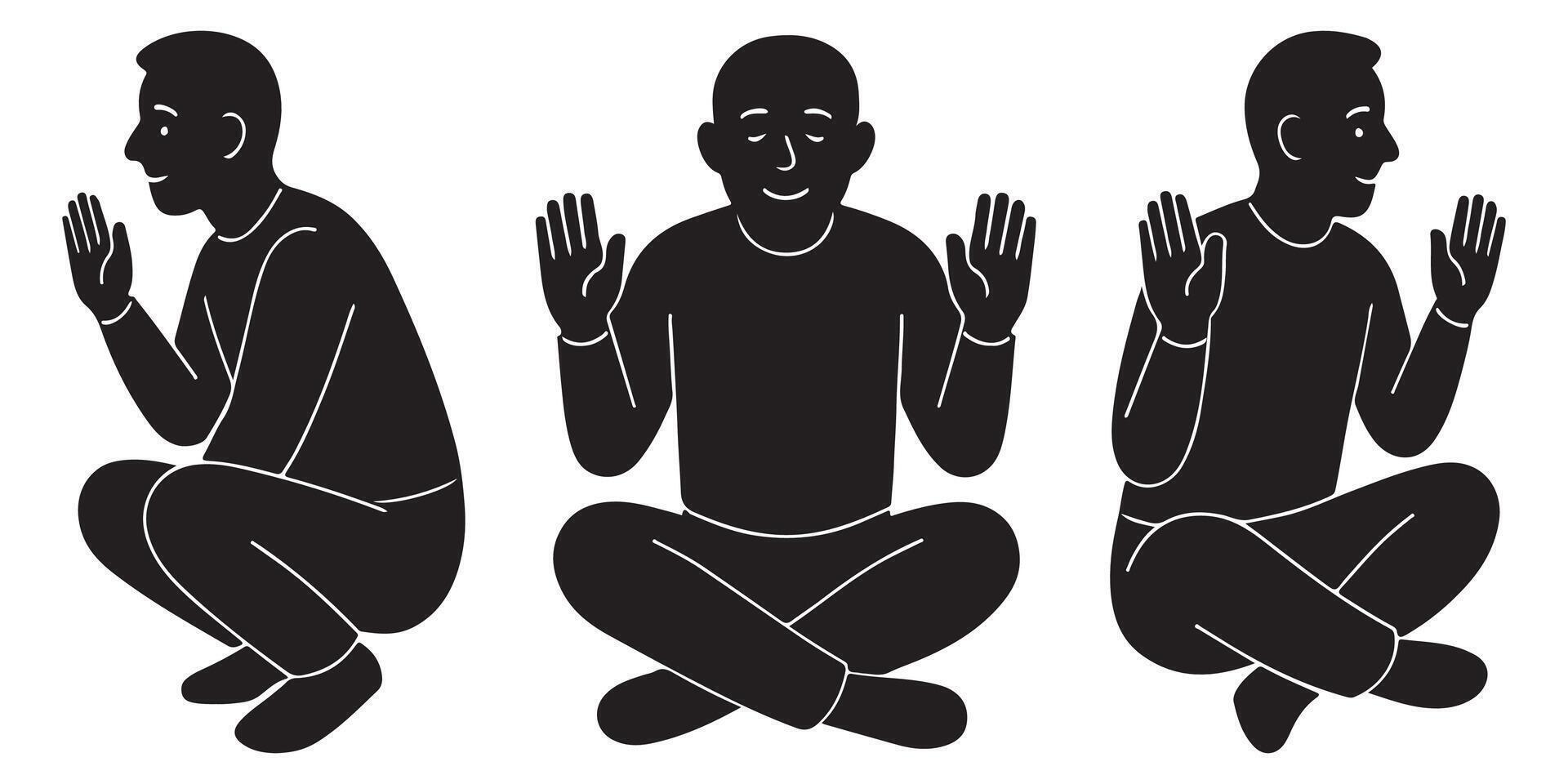 Silhouette of a man sitting cross-legged with hands raised shoulder-high in calm acceptance vector
