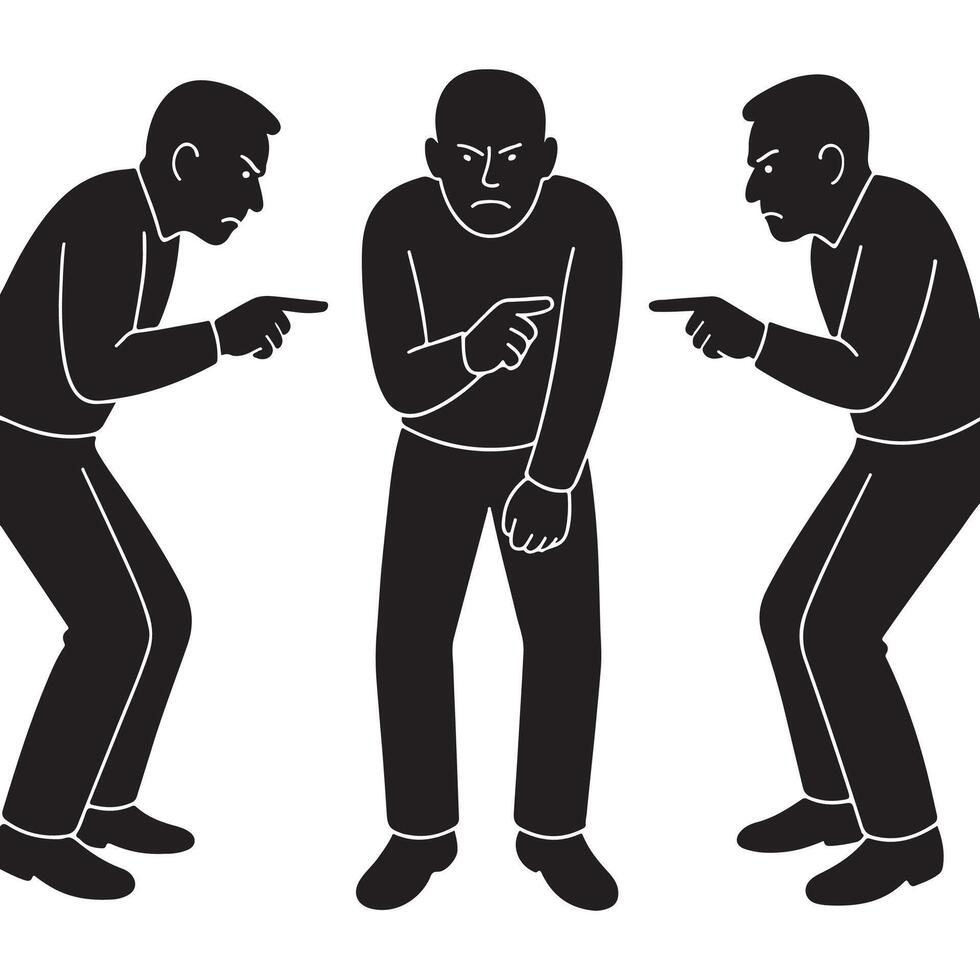 Blame game illustration showcasing accusation and responsibility with pointing fingers and conflict scene silhouette vector