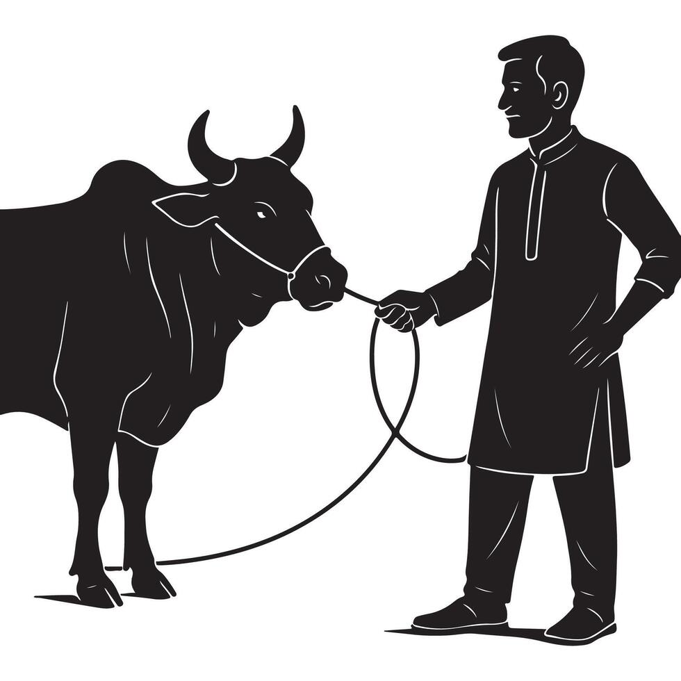 Man with Cow Silhouette, eid ul adha animal vector