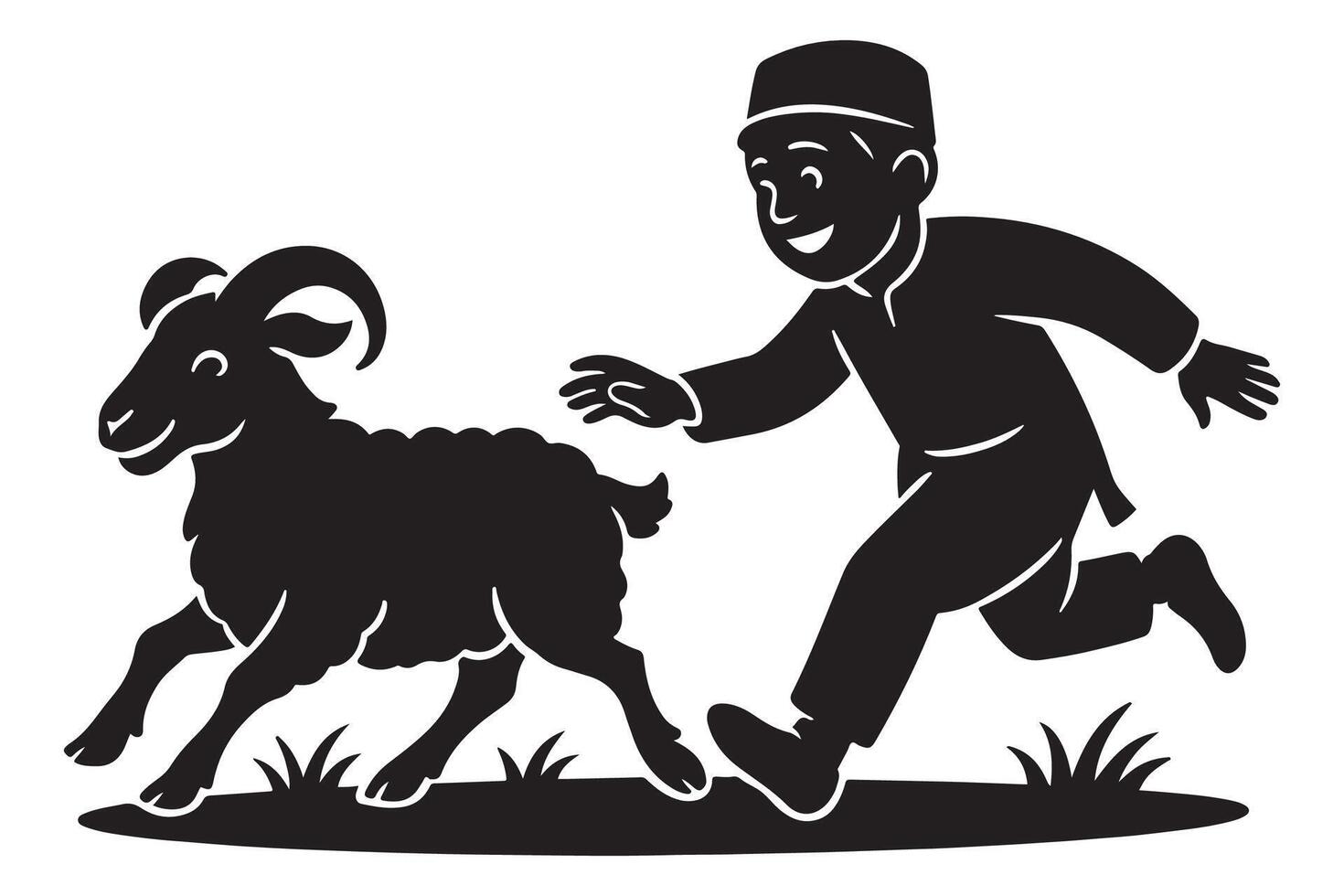 Eid al adha celebration with boy chasing ram illustration for islamic holiday design and graphic resource silhouette, eid mubarak, eid ul adha vector